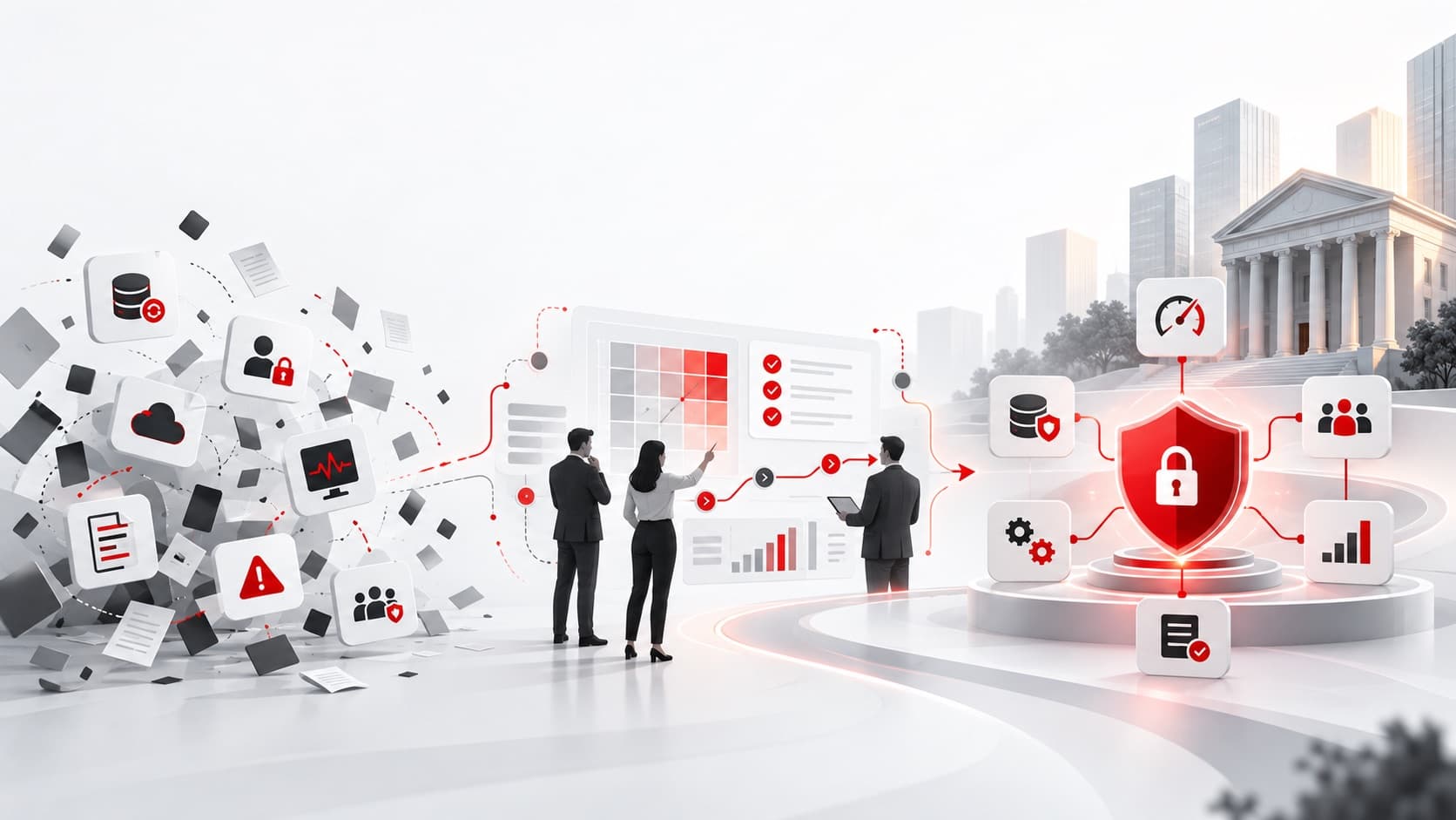 Illustration of scattered security controls becoming a structured cybersecurity program